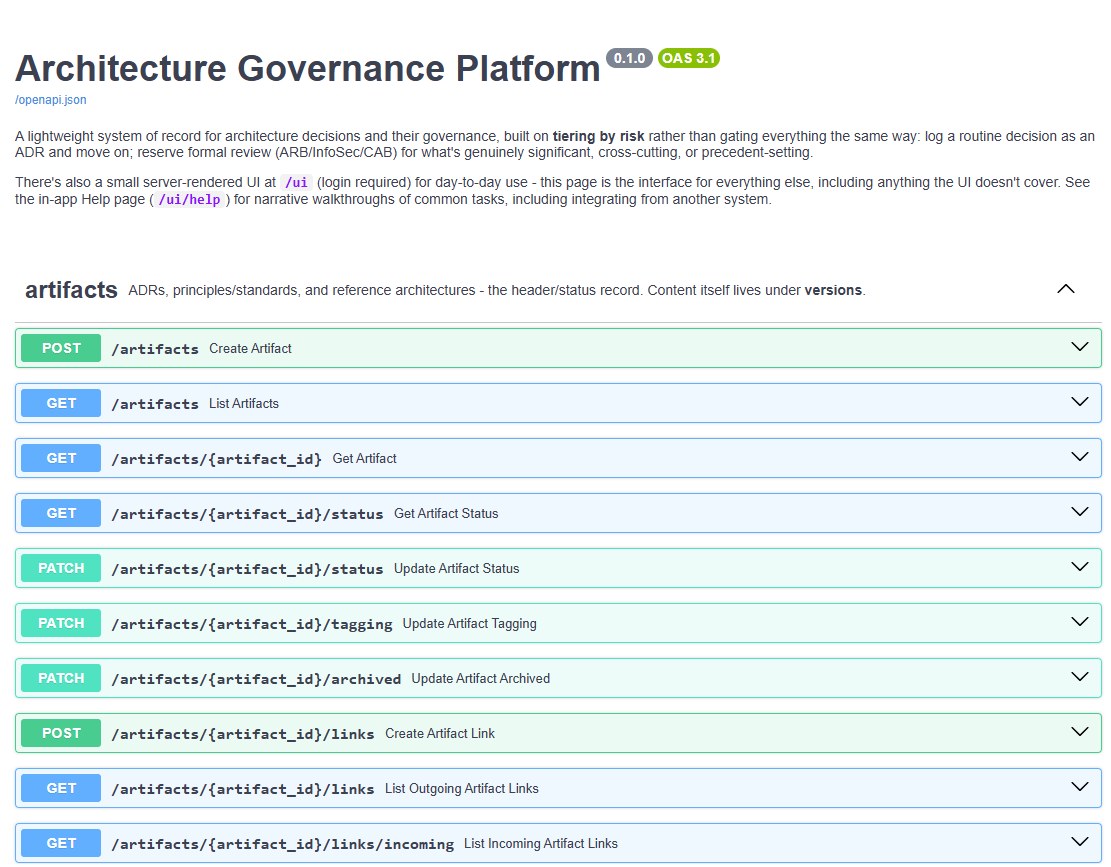 The platform’s interactive API documentation, listing endpoints for creating, listing, updating and linking artifacts