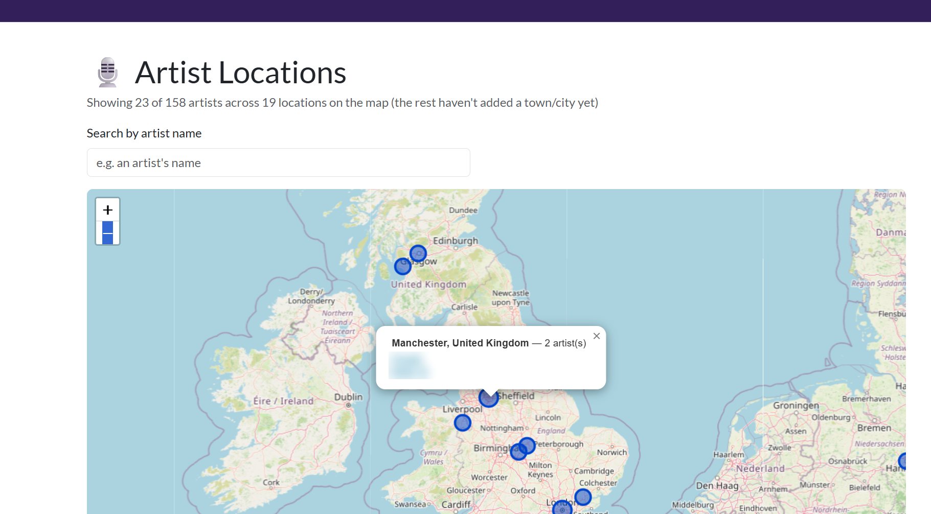 A map of the UK and Ireland marking where a station’s artists are based, with a pop-up for Manchester showing two artists